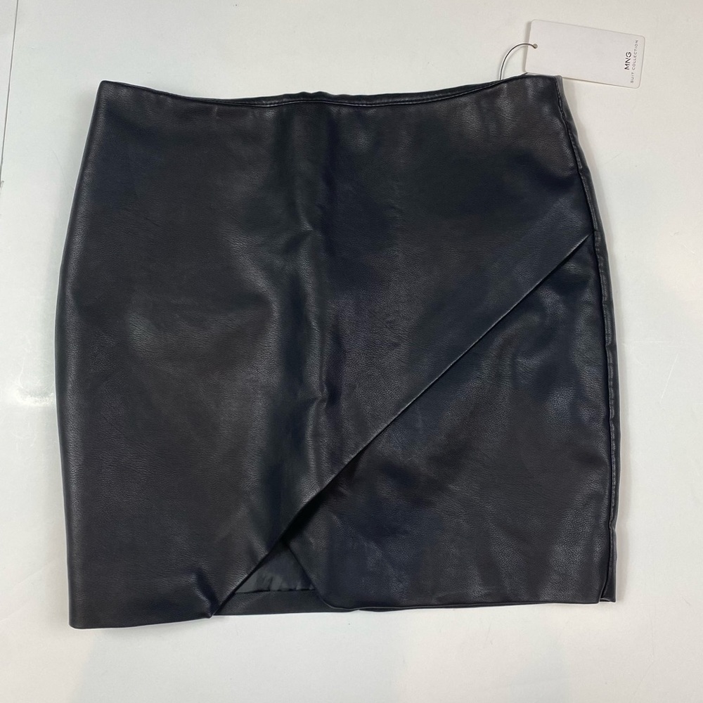 NEW MANGO MNG COLLECTION Black Vegan Leather Wrap Front Slit Mini Body Con Skirt